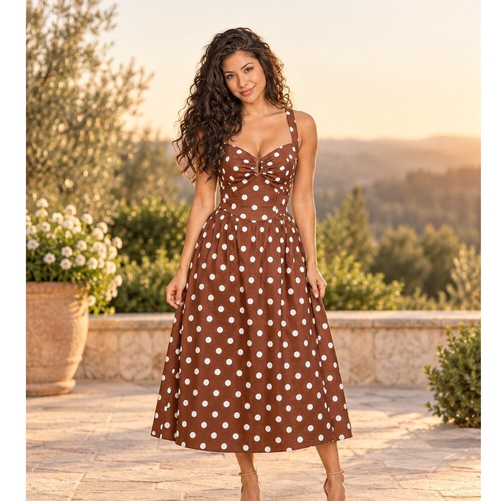 Crystal Sky Brown White Polka Dot Halter Smocked Cotton Midi Dress S NWT